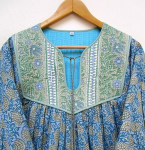2023 arrivée bleu coton Paisley imprimé a-ligne Maxi robe-manches longues Boho décontracté femmes gratuit 6XL belle filles porter ensemble - Product Image 5