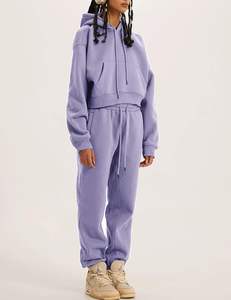 Women's <b>Oversized</b> 2-Piece Fleece Tracksuit Set Crop Top and Pants with Long Drop Shoulder Button Decorated Hoodie <b>Blankets</b> - Product Image 1