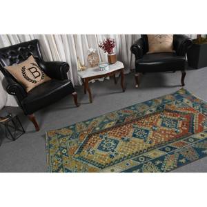 Alfombra de lana turca Vintage de 3,5x6,6 pies de gran tamaño azul naranja diseño de retazos área rectangular grande respaldo de látex alfombra de habitación de 10mm - Product Image 2