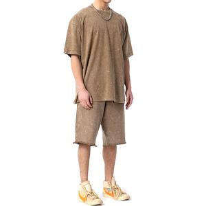 2025, ropa de verano informal de manga corta para hombre, conjunto corto ajustado de lavado ácido de algodón pesado, conjunto de camisetas cortas de 2 piezas - Product Image 3