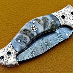 มีดพับทำมือ DIY เหล็กดามัสกัสแบบกำหนดเอง พร้อมปลอกหนังอย่างดี ด้ามไม้ ทนทานสูง รับประกัน 3 ปี - Product Image 6