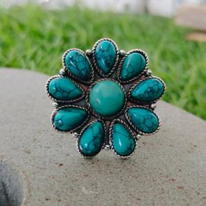 Forme de fleur Turquoise Gemstone Boho Bague en argent sterling 925-Bague Turquoise artificielle-Bague Bohème-Bague Turquoise-Bagues - Product Image 2