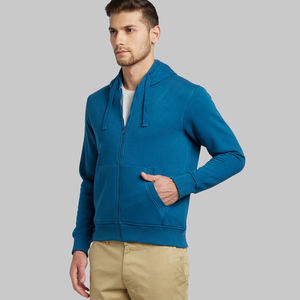 Sweat à capuche à manches longues bleu 100% coton pour hommes avec fermeture à glissière Design solide personnalisable pour l'hiver - Product Image 4
