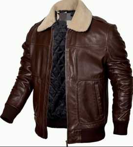 Chaqueta de cuero genuino de piel de cordero marrón Premium para hombre con cuello de Sherpa extraíble estilo Bomber - Product Image 2