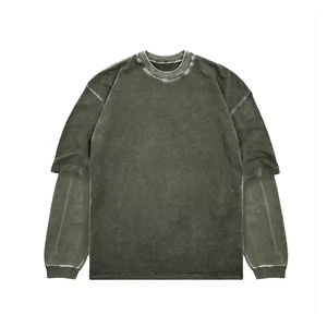 Wholesale <b>Men</b> Double Sleeve Distressed Embroidery Acid Wash Casual 100% Cotton Short Sleeve <b>T</b>-<b>Shirt</b> High Quality Custom Logo - Product Image 1