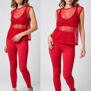 Sheer Mesh Femmes Printemps Été Chemise Sans Manches 2 Pièces Ensembles Haute Qualité Crop Top Leggings Sheer Mesh Ensembles - Product Image 1