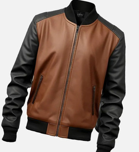 Blouson d'aviateur bicolore en cuir pour hommes avec fermeture à glissière Style d'hiver décontracté Fini - Product Image 3