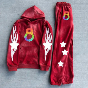 ชุดฮู้ดดี้ผ้าฝ้ายพิมพ์ลายสตรีทแวร์สำหรับผู้ชาย ชุดฮู้ดดี้และกางเกงขายาวแบบสั่งทำคุณภาพสูง ล้างสีแบบแอซิดวอช - Product Image 1