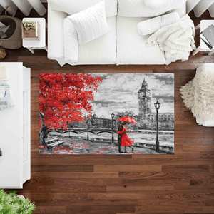 Tapis à feuilles rouges, Tapis de salon, Tapis paysager, Tapis avec peinture d'un couple sous un parapluie rouge, Tapis à poils doux - Product Image 1