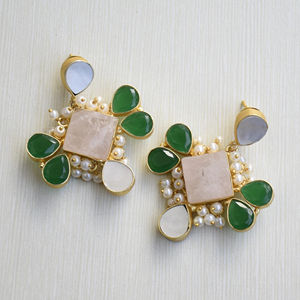 Premium Brass Cluster <b>Earrings</b> Gold Plated Organic Stone <b>Earrings</b> Antique Brass Finish Nickel Free Durable Ready to Ship Bulk - Product Image 2