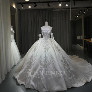 For OY017 Modern Minimalist Satin Boat Neck Chapel Train Lace Flowers Beading Wedding <b>Dress</b> - Product Image 2