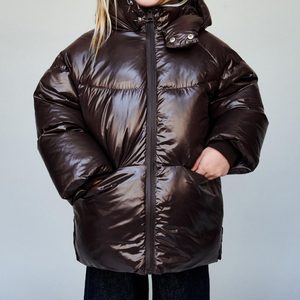 Chaqueta Acolchada con Capucha Brillante y Cálida, con Cuello Alto, Cierre de Cremallera Frontal y Ajuste Holgado y Acogedor para Ropa de Invierno para Niñas, Tendencia - Product Image 1