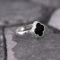 Anillo Cristiano para Mujer, Más Vendido, Chapado en Rodio, Plata de Ley 925, Ónix Negro Natural de 12 mm, Forma de Trébol, Minimalista, con Bisel