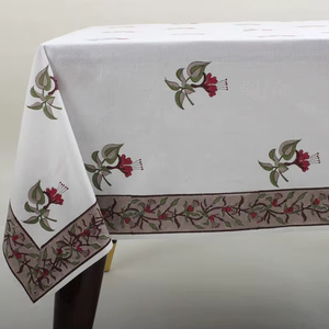 Wedding <b>Tablecloth</b> Salmon Pink Sage Green Delft Blue Indian Hand Block Printed <b>Tablecloth</b> Table Cover Linen Set - Product Image 1