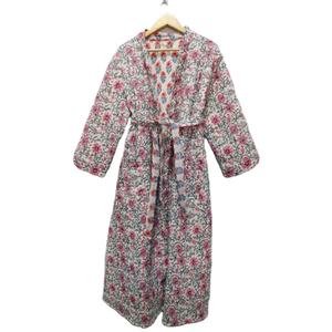 Summer Autumn Spring Bohemian Quilted Cotton <b>Kimono</b> Bathrobe Pink Floral Printed <b>Long</b> Sleeve Nightwear Gown Sizes Available - Product Image 1