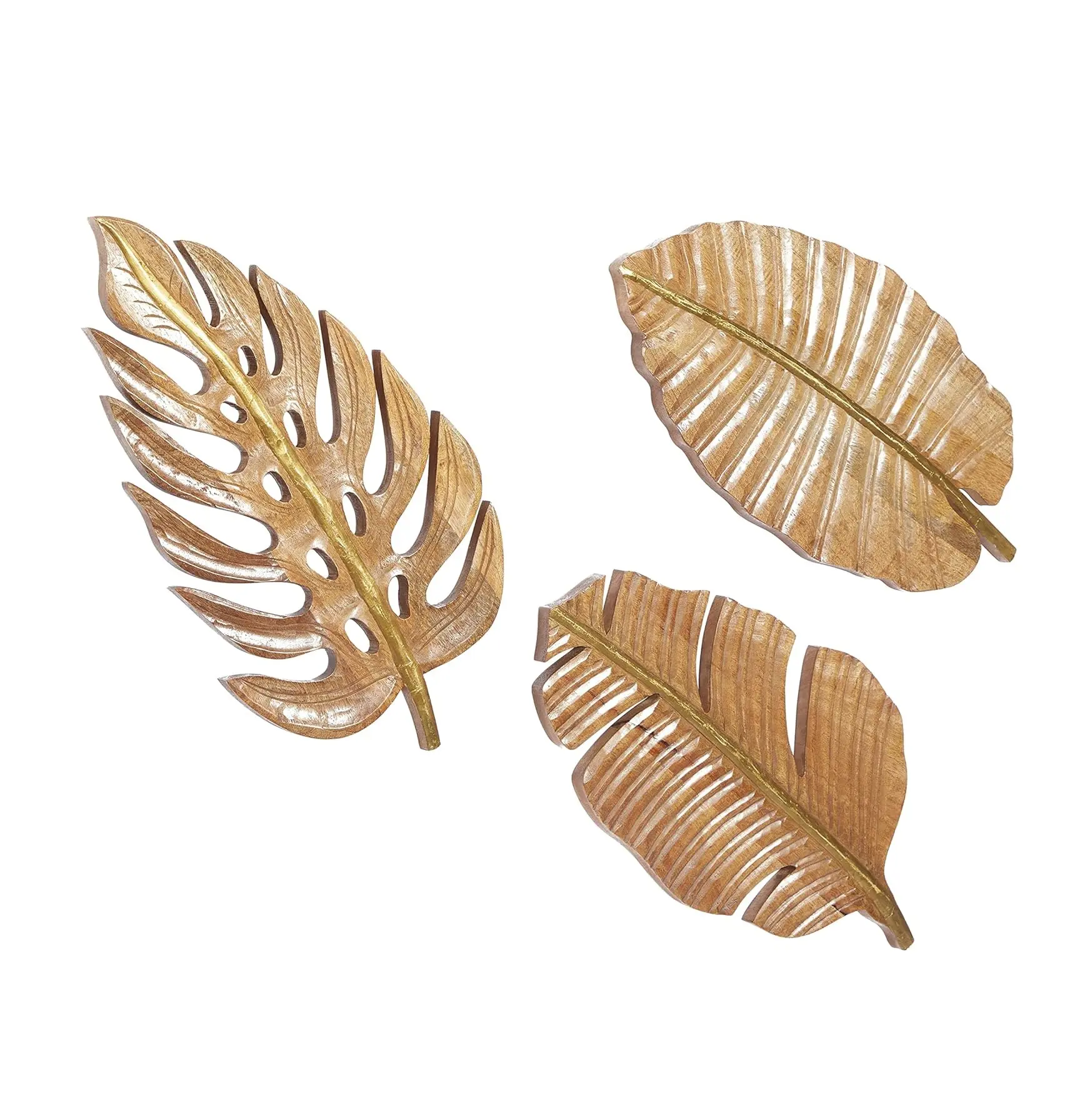 Манго деревянный лист ручной работы резной Настенный декор набор 3 24 "W, 12" H коричневый