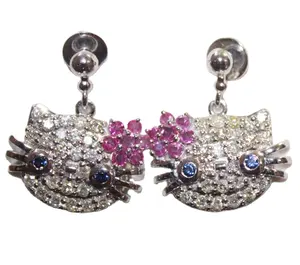 Kualitas Premium perhiasan halus 1.41 ctw berlian putih emas safir delima anting Hello Kitty untuk penjualan ekspor