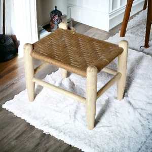 Taburetes provinciales tejidos personalizados, reposapiés pequeño, muebles con acabado oscuro con taburete de aspecto Vintage sellado, consola con incrustaciones de hueso - Product Image 5