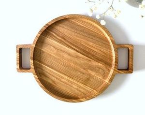 Bandeja de comida para servir de madera de nogal redonda marrón rústica de tamaño pequeño grande personalizada al por mayor con asas bandejas naturales - Product Image 3