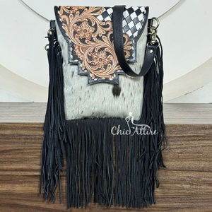 Western Handmade Tooled Leather Checkerboard Design Hair On Cowhide Fringe Crossbody <b>Handbag</b> Boho Shoulder Bag Purse for Women's - Product Image 1