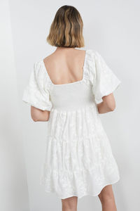 White Women's A-Line <b>Mini</b> Dress with <b>Bubble</b> Sleeves Shirring at Back & Side Zip-Floral Embroidery Embrace the Warm Weather - Product Image 3