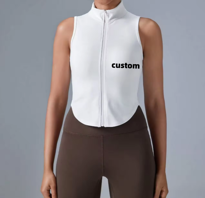 High Quality Custom Slim Fit Moisture Wicking Casual Curve Hem Stand Collar Zip-up Yoga Gym Workout Women Tank Top