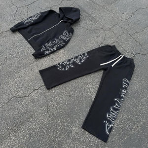 Pantalones de chándal y Sudadera con capucha Acampanados para hombre con bordado estampado Unisex personalizado, chándal de dos piezas con diamantes de imitación, chándal de rizo francés - Product Image 1