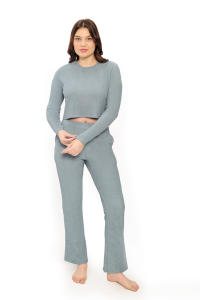 ชุดผ้าแจ็คการ์ดถักสองชิ้นสำหรับผู้หญิงชุดครอปท็อปและกางเกงขาบานแบบลำลองมีสไตล์เก๋ไก๋ - Product Image 3