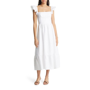 Abito in Lino Lucila con Volant For Reformation, Casual Bianco con Colletto Quadrato e Vita Naturale, Traspirante e di Tendenza, Taglia XS per il Giorno - Product Image 1