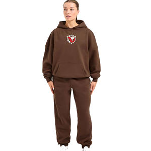 Streetwear décontracté régulier pour femmes, ensemble deux pièces avec logo personnalisé, sweat à capuche solide, pantalon, survêtement, tenue 2 pièces imperméable en polaire - Product Image 3