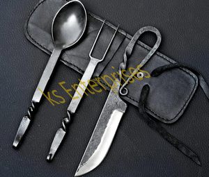 Ensemble de couverts médiéval en acier forgé avec cuillère fourchette couteau forgé à la main ensemble de dîner dans une pochette en daim oem personnalisable - Product Image 4
