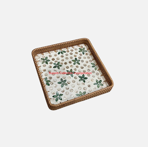 Plateau de service en rotin de meilleure qualité avec incrustation de nacre plateau de canne décoratif carré plateau de service à motif floral coquillage - Product Image 1