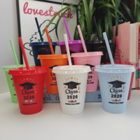 Gobelet en plastique de 16 oz avec couvercle et paille, réutilisable, sans BPA, pour café glacé, idéal pour les fêtes de remise de diplôme, vente en gros