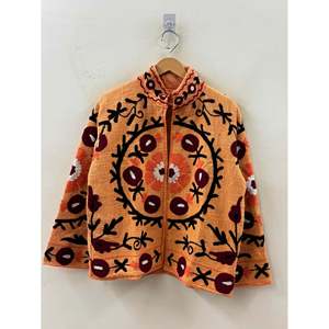Autumn <b>Reversible</b> Saffron Wine Ivory Blooms-Hand-Embroidered Cotton <b>Jacket</b> Marigold Suzani Style Bomber XL Size Winter Coat - Product Image 5