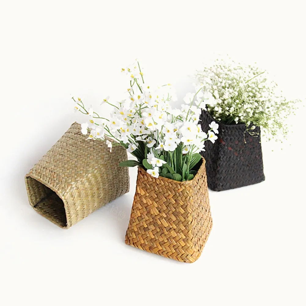 Petits pots de fleurs en paille de bambou pour la décoration de bureau, décor de table | Pot de fleur fabriqué au Vietnam