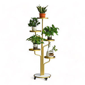 KTB68149 Minimalist Indoor Plant <b>Stand</b> 61x39x135cm Iron Frame Stone Base Decorative Mobile Flower <b>Pot</b> Holder for Home Gardening - Product Image 1
