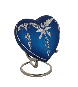 Classic Heart Shape <b>Keepsake</b> Urn for Human Ashes with <b>Box</b> and Stand - Lovely Blue Colour with Diamond Cut Design 7 cms high - Product Image 1