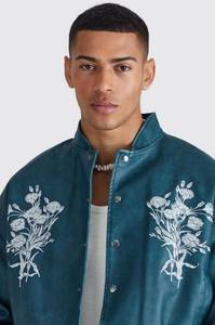 Chaqueta de moto de cuero a rayas bordadas con dobladillo elástico recortada de talla grande para invierno de fabricante de fábrica Unisex - Product Image 5