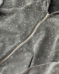 Nouvel Arrivage – Sweat à Capuche Zippé Style Vintage Délavé à l'Acide, Design Personnalisé Entièrement Orné de Strass, Bas Effet Vieilli, Homme, Automne, 100% Coton - Product Image 5