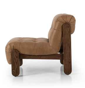 Fauteuil lounge moderne de luxe sans accoudoirs avec revêtement en cuir capitonné et pieds en teck massif - Product Image 5