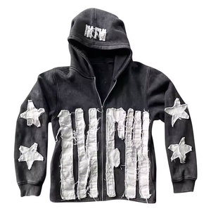 Sweat-shirt à capuche noir pour homme avec fermeture éclair, motif lettres appliquées, étoiles, style streetwear oversize, automne, coton FRENCH TERRY - Product Image 1