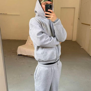 2025 nouveau coupe ample couleur unie fermeture éclair sport sweat hommes sweat à capuche veste et deux pièces pantalons de survêtement - Product Image 1