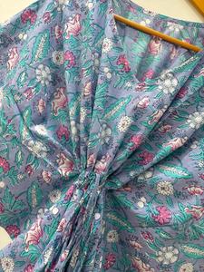 Bleu ciel Floral bloc imprimé Caftan longue courte coton robe de nuit Bikini couverture pour femmes parole longueur Maxi robe lavable décontracté - Product Image 4