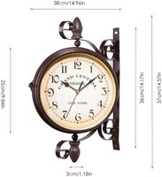 Horloge murale vintage double face en fer et quartz marron pour salon, style gare, silencieuse, sans tic-tac, aiguille rotative à 360°, épaisseur 25 mm