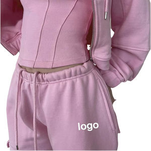 Conjunto de 2 Piezas para Mujer con Logotipo Bordado Personalizado OEM, Pantalones Cargo y Sudadera con Capucha de Felpa, 100% Algodón - Product Image 4