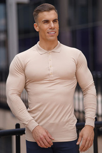 Offre Spéciale Golf classique Beige Long Polo t-shirt avec bouton en métal doré coton respirant Gym & Casual Streetwear hommes Polo t-shirts - Product Image 5