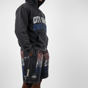 Custom Mens black Acid Wash zip up Hoodie Shorts Tracksuit <b>Set</b> Graphic Streetwear Heavyweight OEM Private Label B2B Manufacturer - Product Image 6