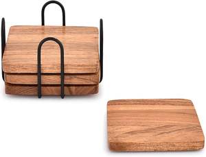 Juego de 4 posavasos cuadrados de madera con soporte de hierro para mesa de comedor Posavasos de barra de madera para mesa de centro/Cocina - Product Image 3