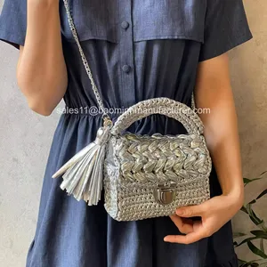 Evening Knitted Luxury Crochet Clutch Bag, Silver Woven Metallic Raffia Pouch Clutch Bag