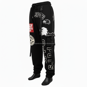 Haute qualité hommes survêtement pantalon épais polaire tissu taille réglable couleur noire avec Chenille broderie Logo lavé hommes pantalons - Product Image 2